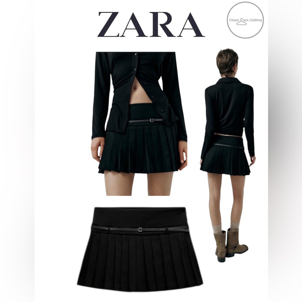 NWT Zara Black Pleated Mini Skort with Belt Size Small